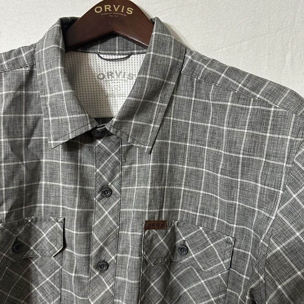 ORVIS‎ Men's Size XL Short Sleeve Shirt Grey Windowpane Button Up Casual Outdoor
